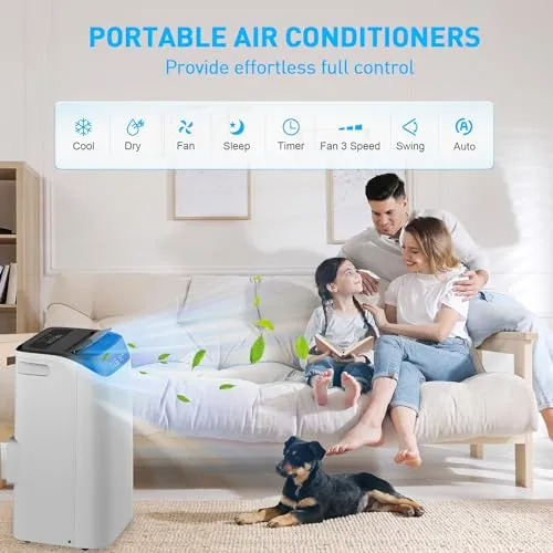 14,000 BTU Portable Air Conditioner Cools Up to 700 Sq.Ft, 3-IN-1 Quiet Portable AC Unit with Remote Control & Installation Kits for Large Room, Campervan, Office, Temporary Space