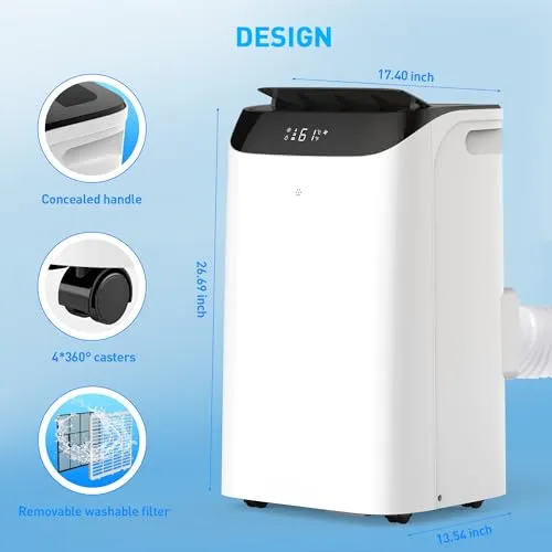 14,000 BTU Portable Air Conditioner Cools Up to 700 Sq.Ft, 3-IN-1 Quiet Portable AC Unit with Remote Control & Installation Kits for Large Room, Campervan, Office, Temporary Space