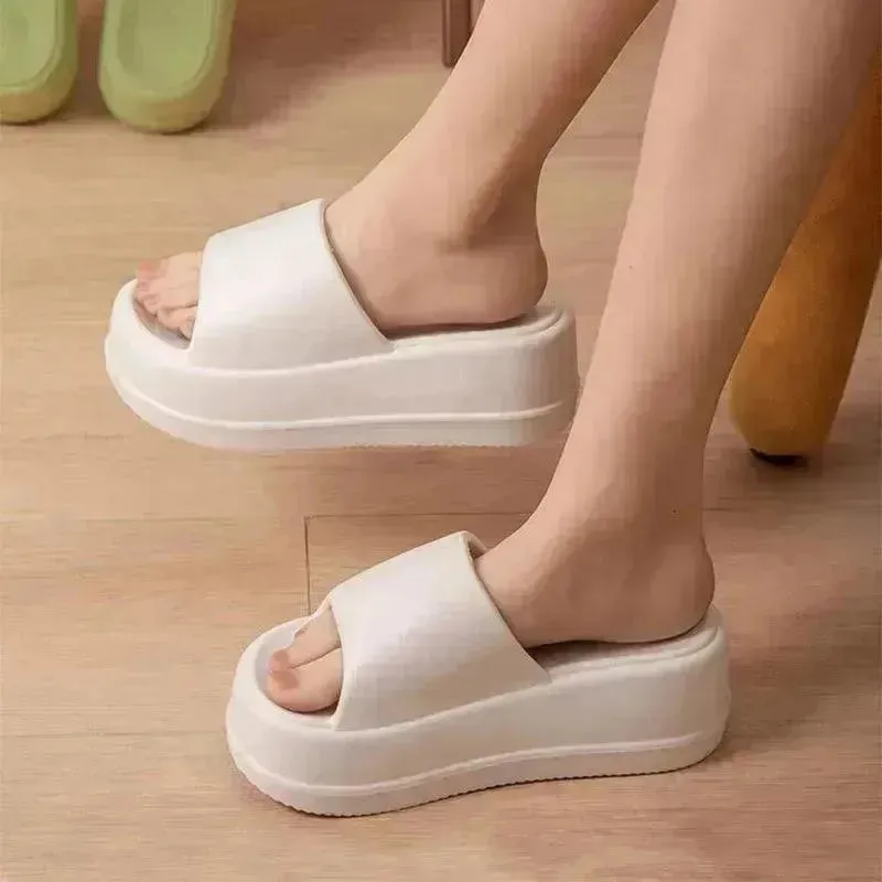 7cm High Heel Flat Slippers Summer Solid Color Non-slip Floor Home Shoes Outdoor Garden Slippers For Women