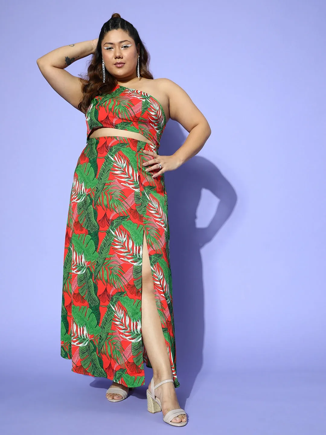 Berrylush Women Plus Size Red & Green Tropical Print One-Shoulder Neck Thigh-High Slit Crop Top & Maxi Skirt Set