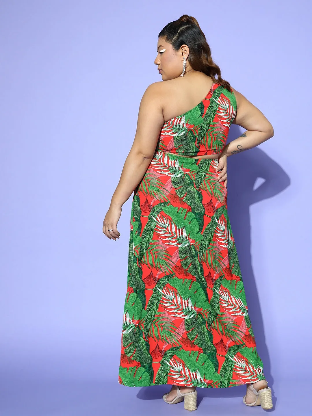 Berrylush Women Plus Size Red & Green Tropical Print One-Shoulder Neck Thigh-High Slit Crop Top & Maxi Skirt Set