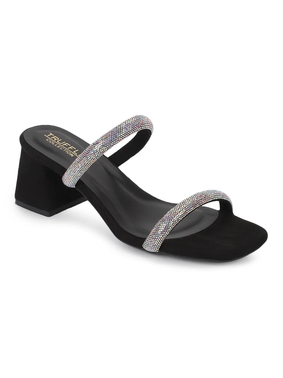 Black Suede Diamante Block Heel Mules (TC-ST-1335-BLK)