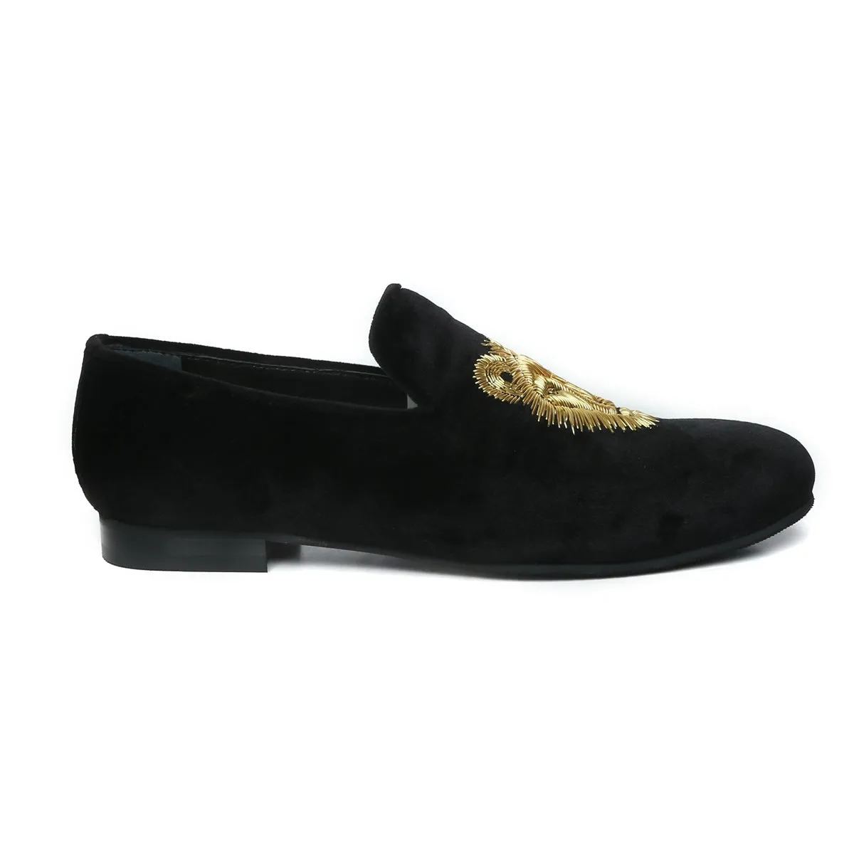 Black Velvet Slip-Ons Shoes with Golden Sleek Lion Zardosi by Brune & Bareskin