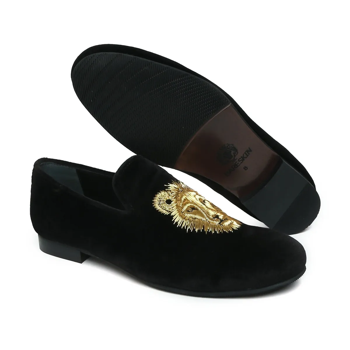 Black Velvet Slip-Ons Shoes with Golden Sleek Lion Zardosi by Brune & Bareskin