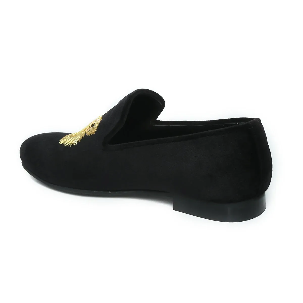 Black Velvet Slip-Ons Shoes with Golden Sleek Lion Zardosi by Brune & Bareskin