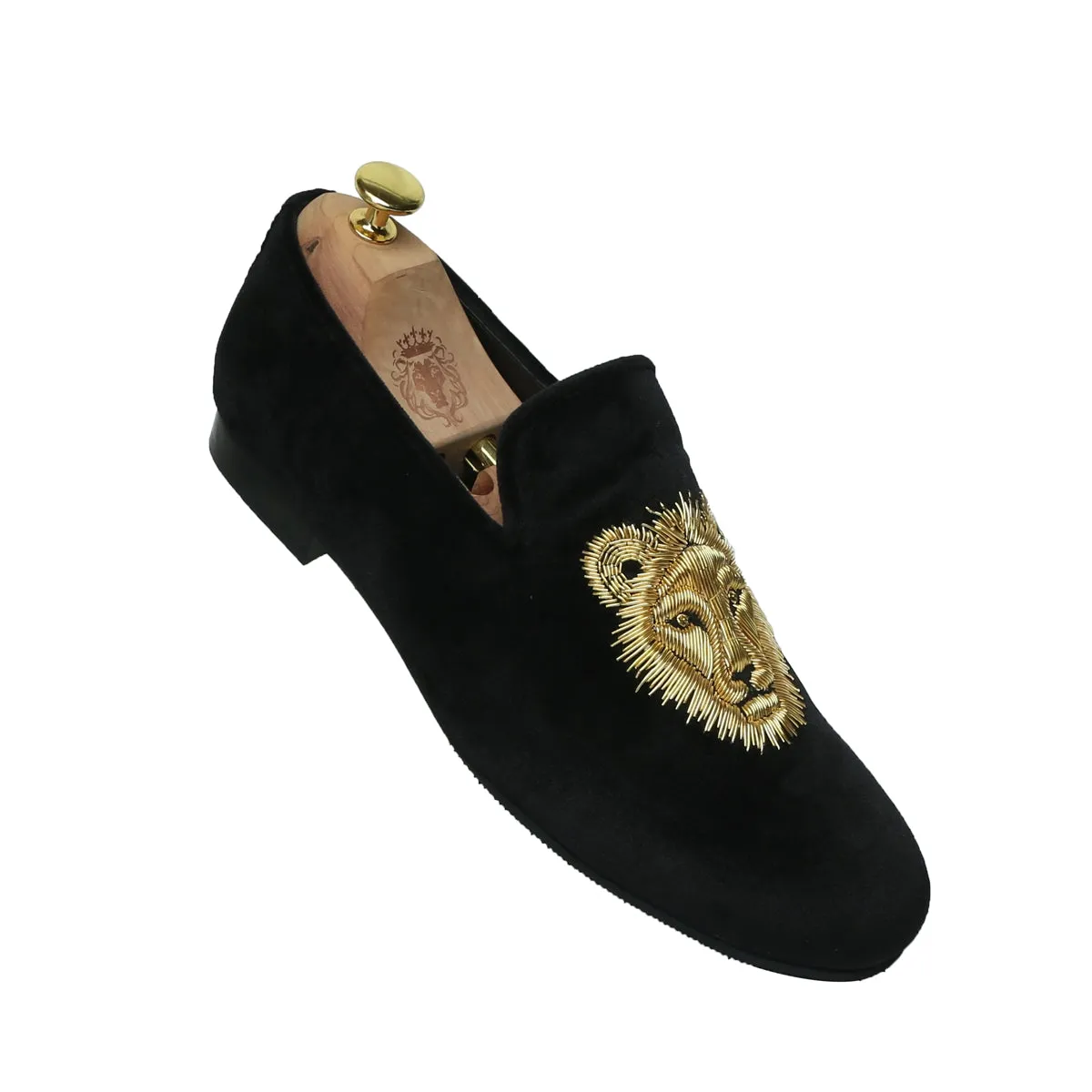 Black Velvet Slip-Ons Shoes with Golden Sleek Lion Zardosi by Brune & Bareskin