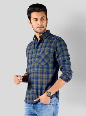 Blue & Olive Brown Checked Slim Fit Casual Shirt | Greenfibre