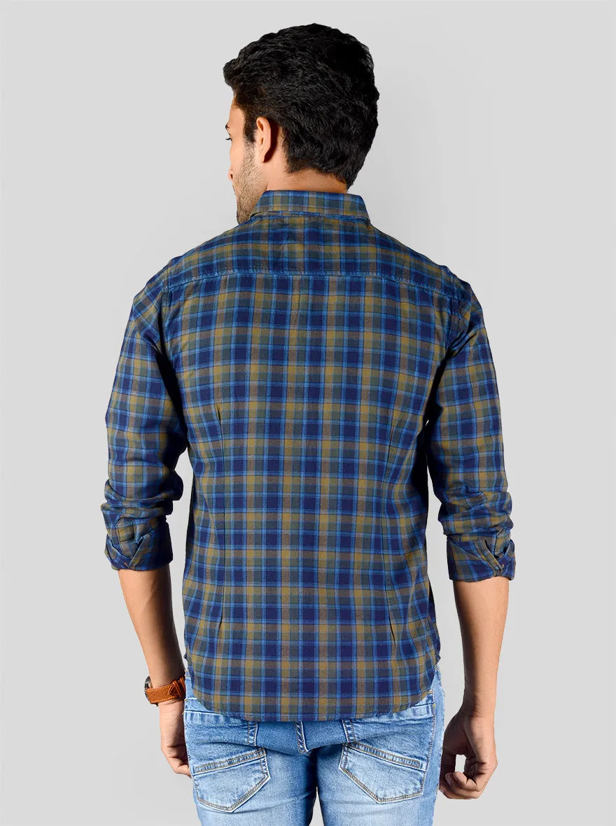 Blue & Olive Brown Checked Slim Fit Casual Shirt | Greenfibre