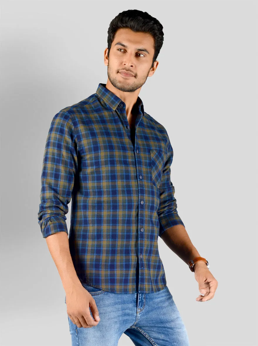 Blue & Olive Brown Checked Slim Fit Casual Shirt | Greenfibre