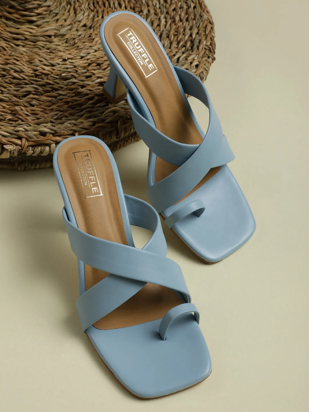 Blue PU Crossover Strap Solid Pattern Stiletto Mules (TC-SLC-A8-BLU)