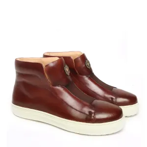 Brown Leather Mid-Top Sneakers with Stretchable Strap by Brune & Bareskin