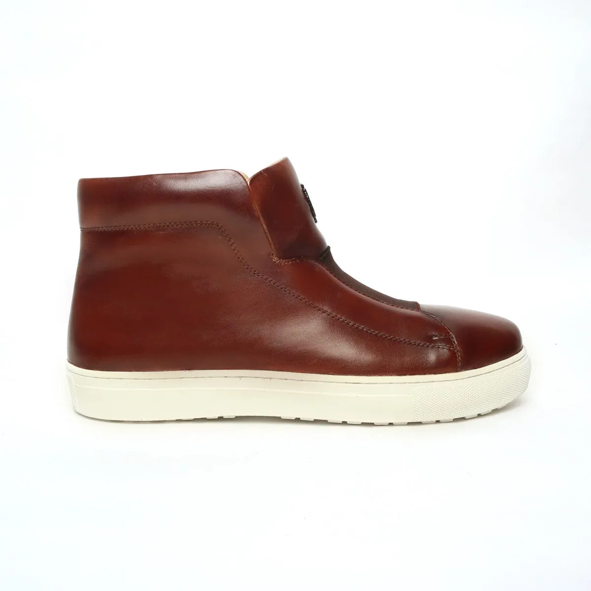 Brown Leather Mid-Top Sneakers with Stretchable Strap by Brune & Bareskin