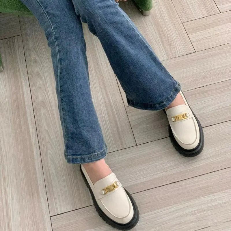 Chunky Slip on Loafers Women Genuine Leather Platform Shoes Round Toe Handmade Shoes