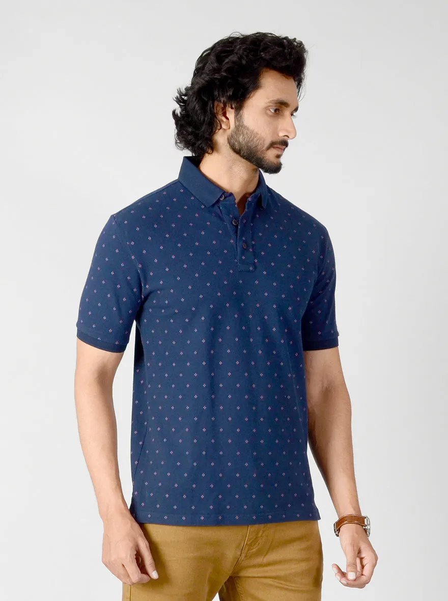 Dark Blue Dotted Slim Fit Polo T-shirt | JadeBlue