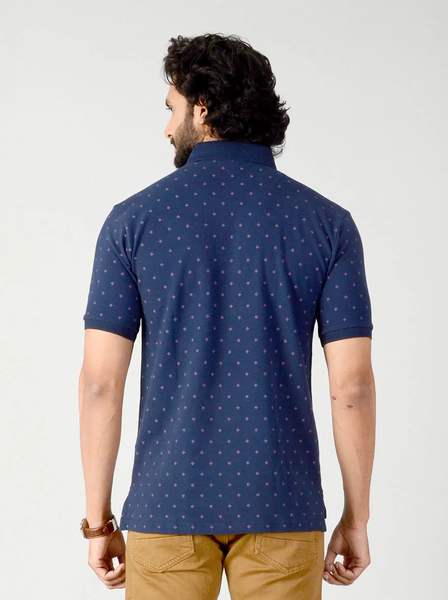 Dark Blue Dotted Slim Fit Polo T-shirt | JadeBlue