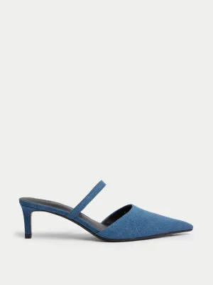 Denim kitten heel pointed mules