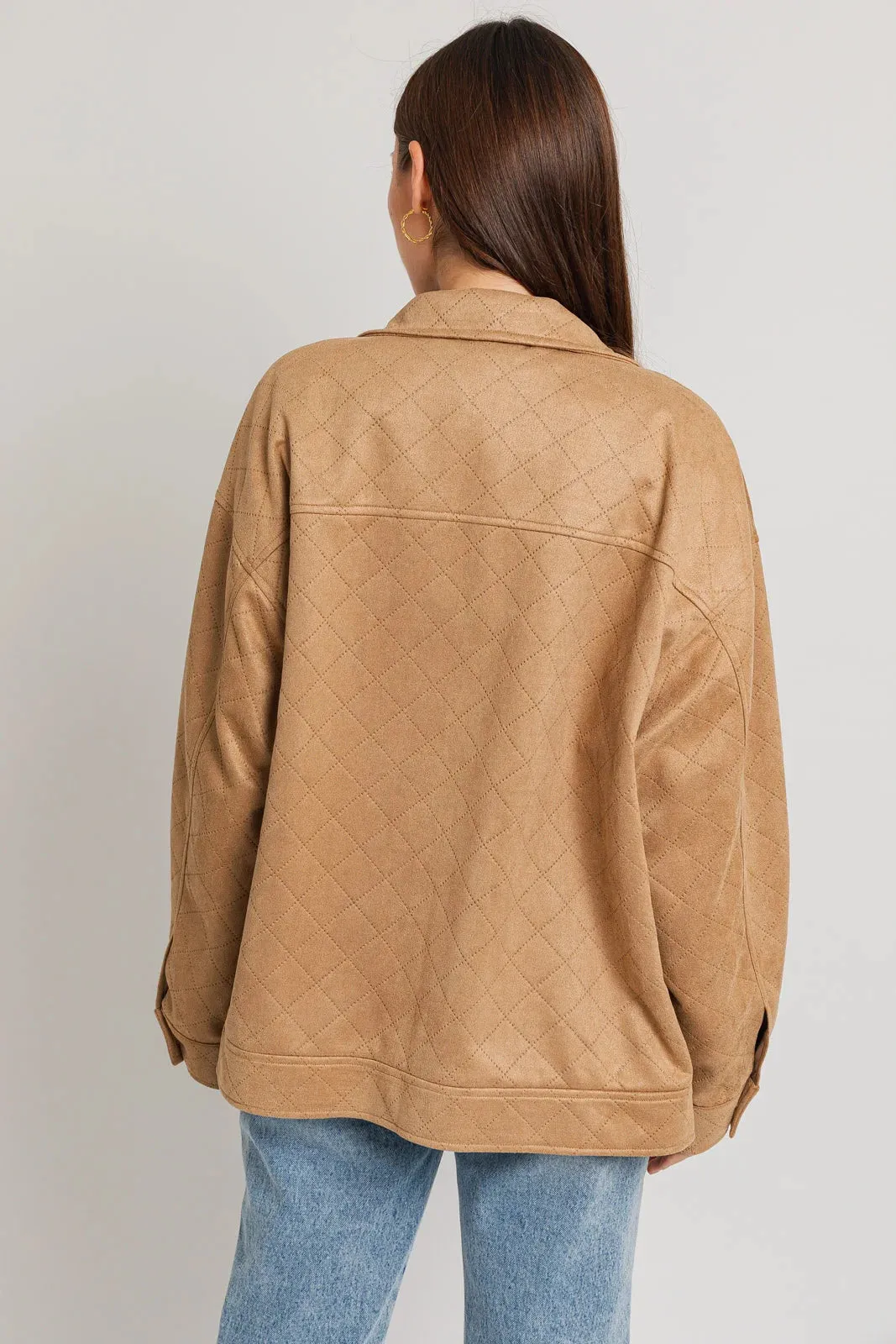 Diamond Quilted Suede Front Zipper Collared Jacket