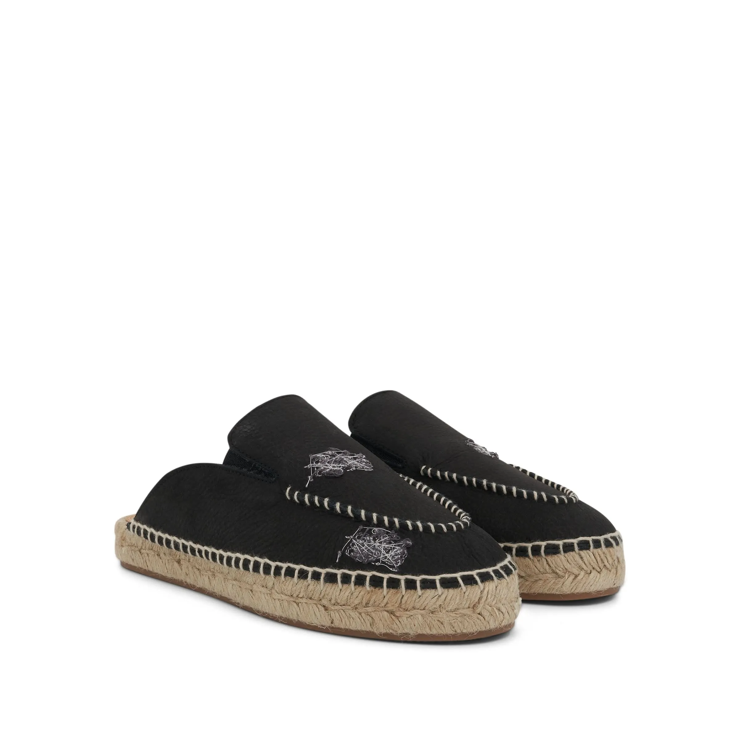 Embroidered Espadrille Mules in Black