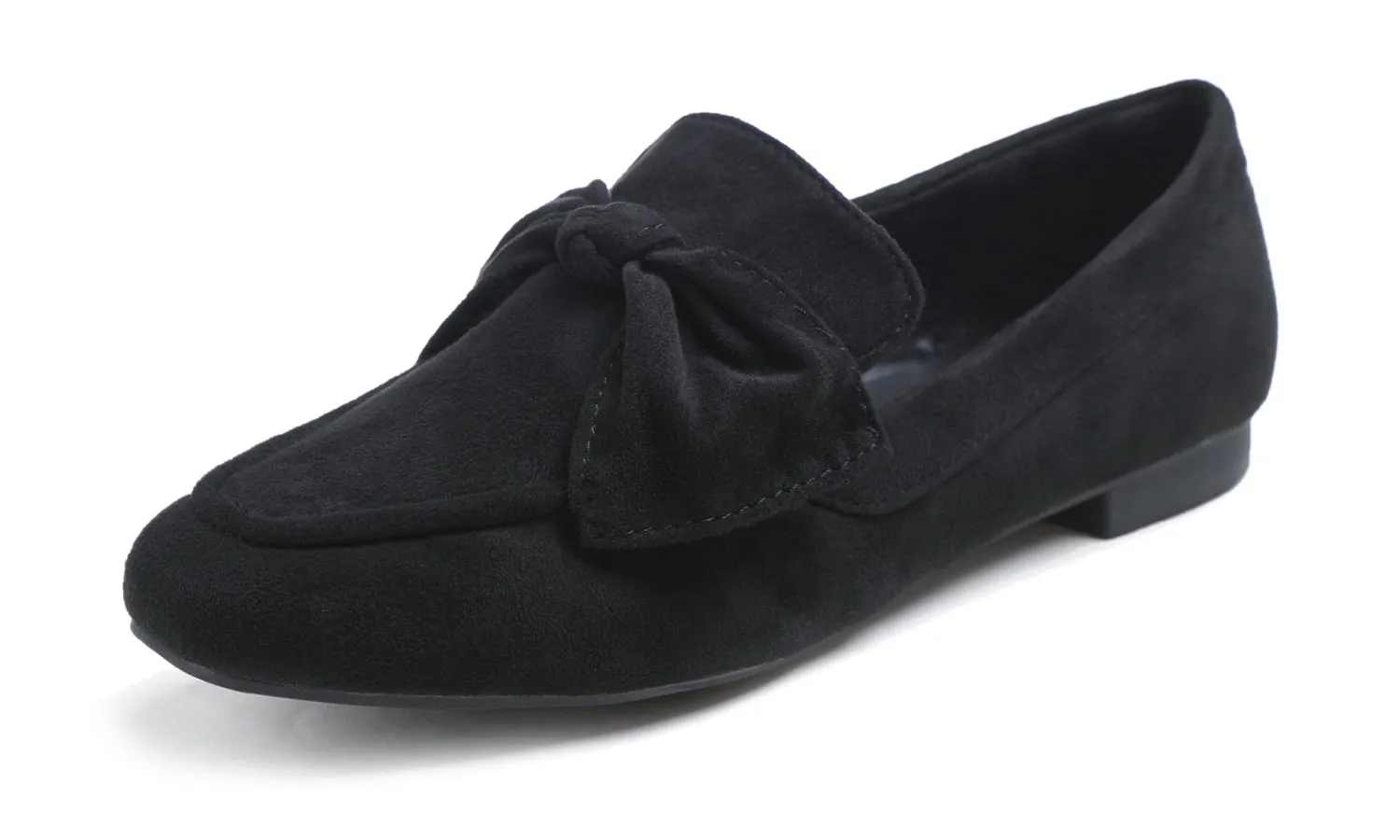 Feversole Women's Fashion Trim Deco Loafer Flats Black Faux Suede Bow Knot