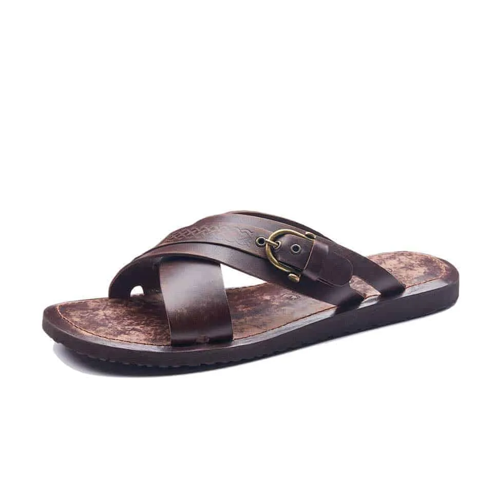 Handmade Mens Leather Slide Open Toe Buckle Sandals