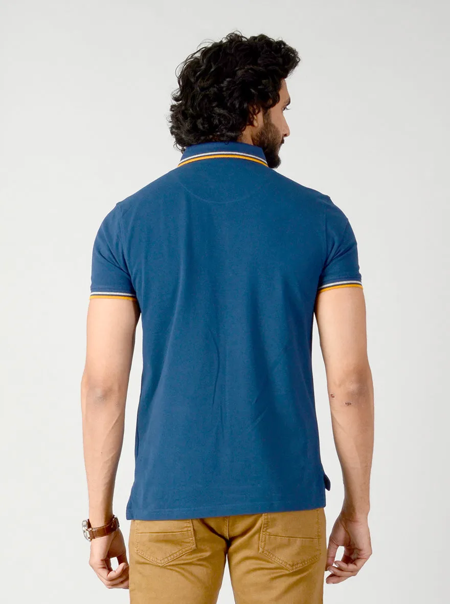 Indigo Blue Solid Slim Fit Polo T-shirt | JadeBlue