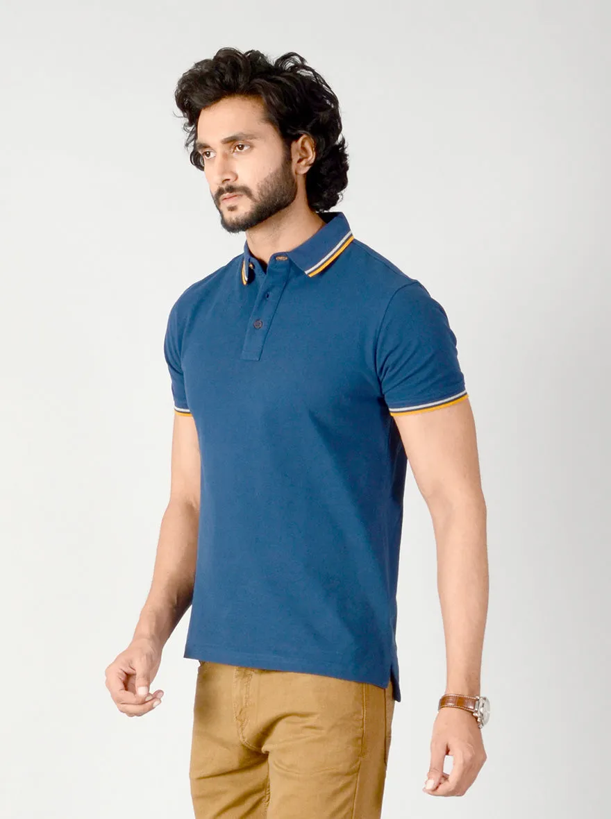 Indigo Blue Solid Slim Fit Polo T-shirt | JadeBlue