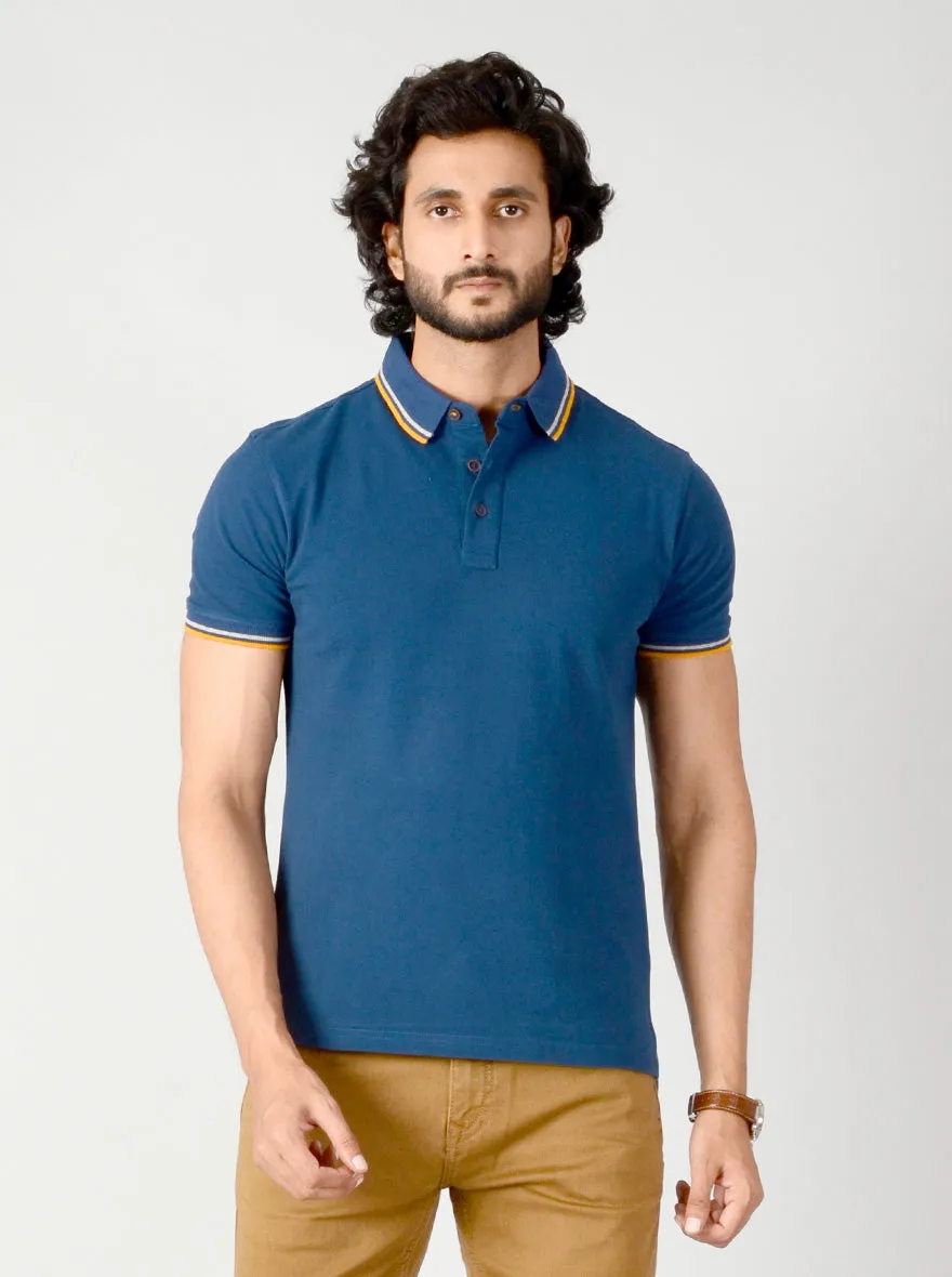 Indigo Blue Solid Slim Fit Polo T-shirt | JadeBlue