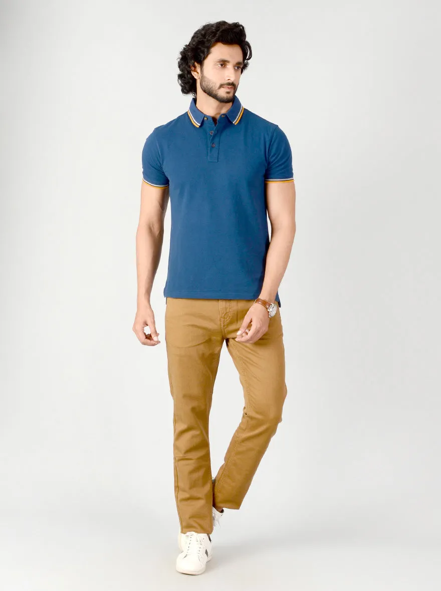 Indigo Blue Solid Slim Fit Polo T-shirt | JadeBlue