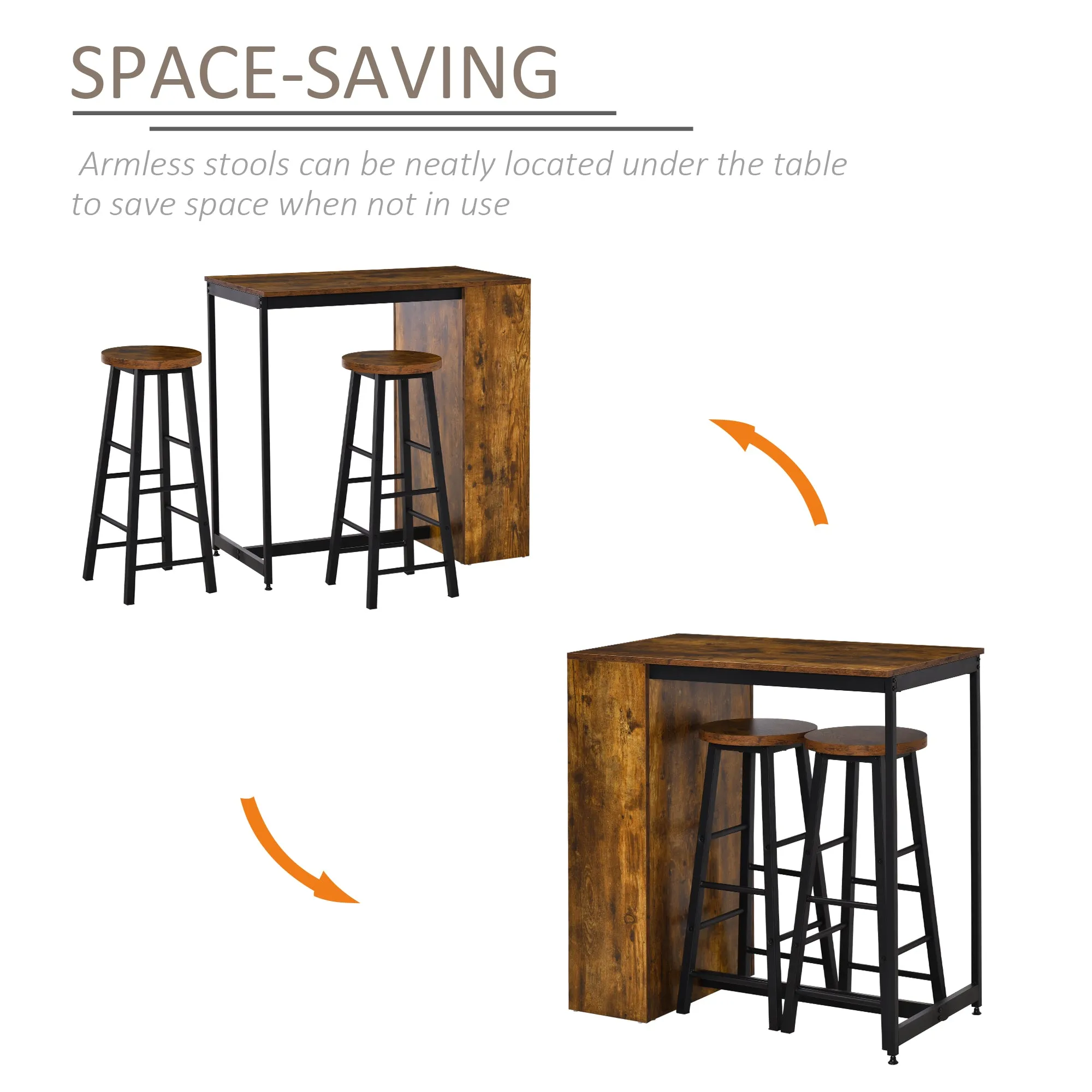 Industrial Bar Table Set for 2, 3 Pieces Pub Table and Bar Stools with Storage Shelf for Kitchen