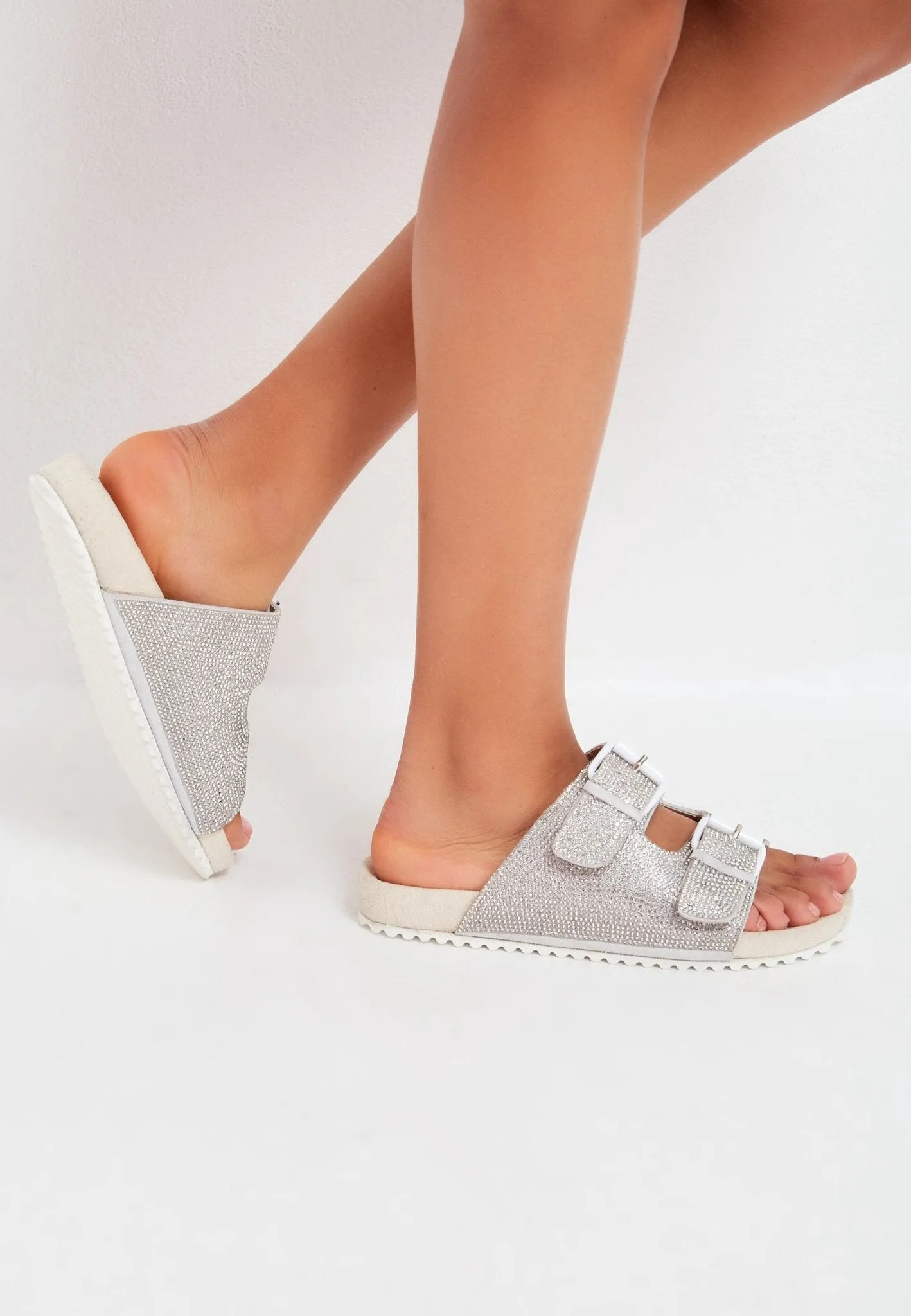 Jewel Flat Sole Mules - Silver