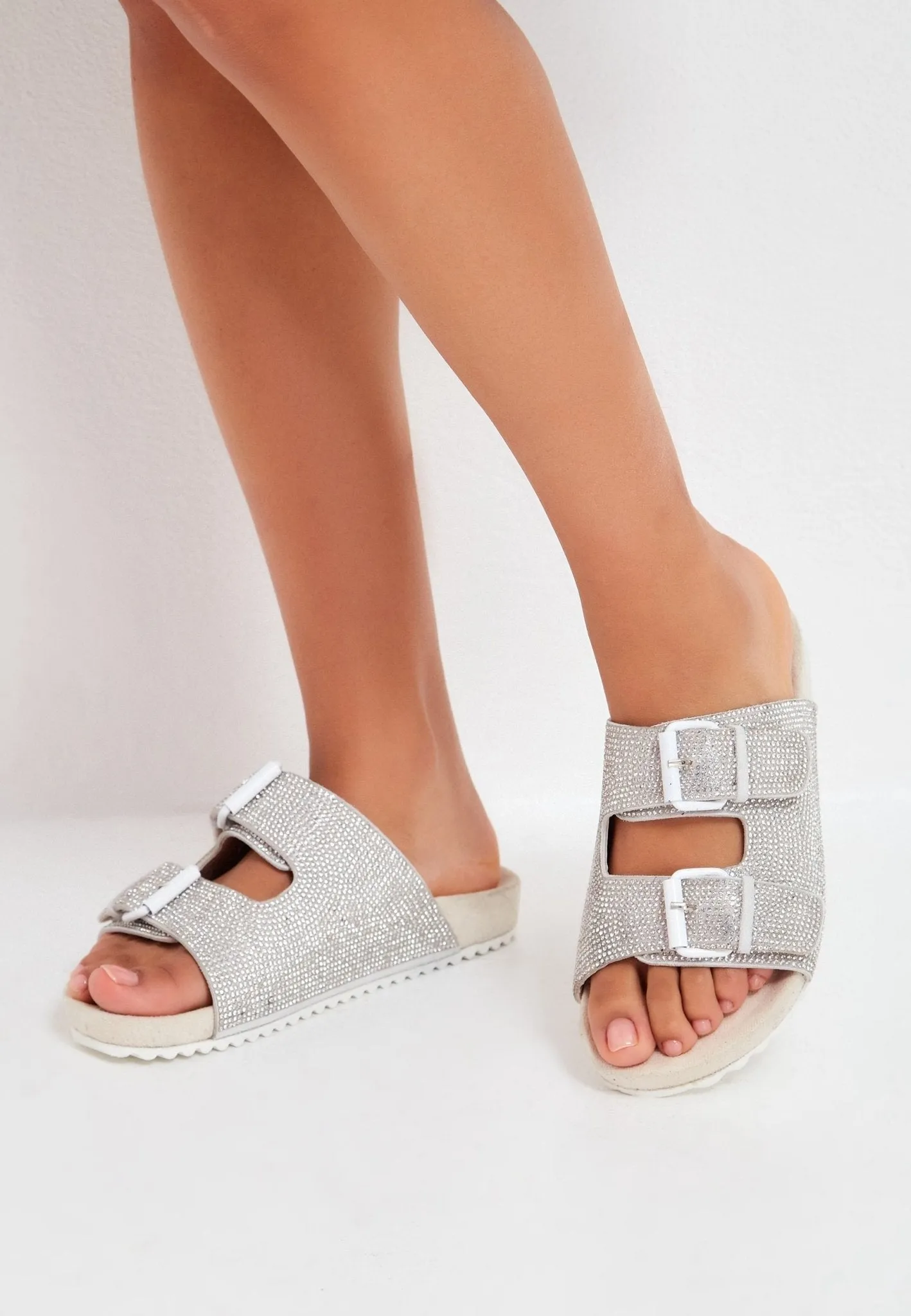 Jewel Flat Sole Mules - Silver