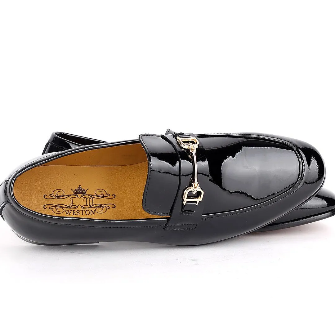 J.M Weston Glossy Black Royal Shoe With  Gold Logo Design