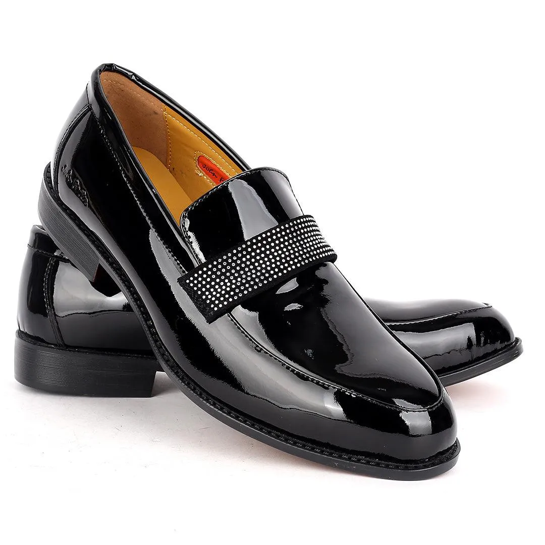 John Foster Glossy Black Leather Stone  logo Belt Shoe-Black