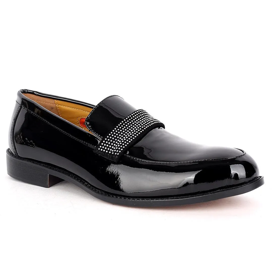 John Foster Glossy Black Leather Stone  logo Belt Shoe-Black