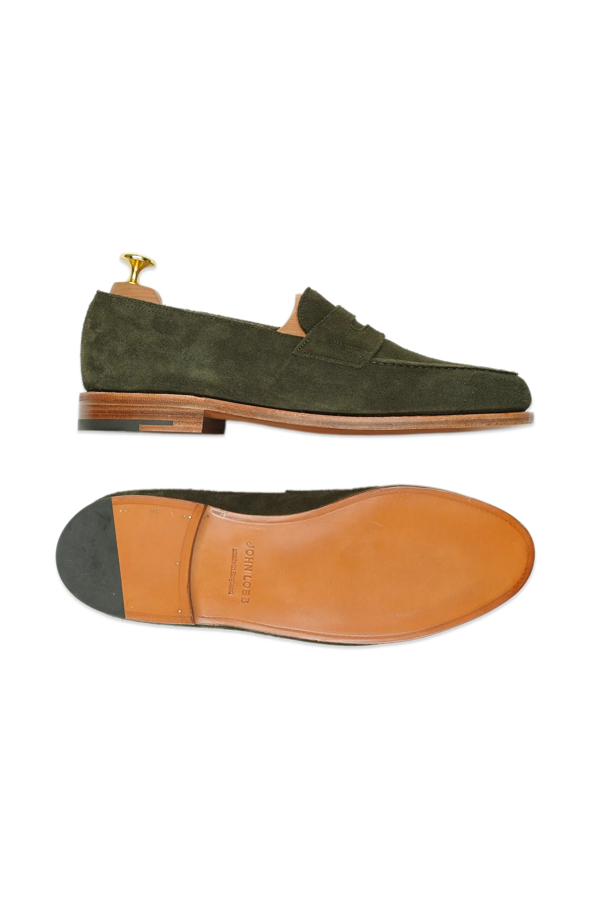 John Lobb "Lopez" Olive Unlined Suede Penny Loafers