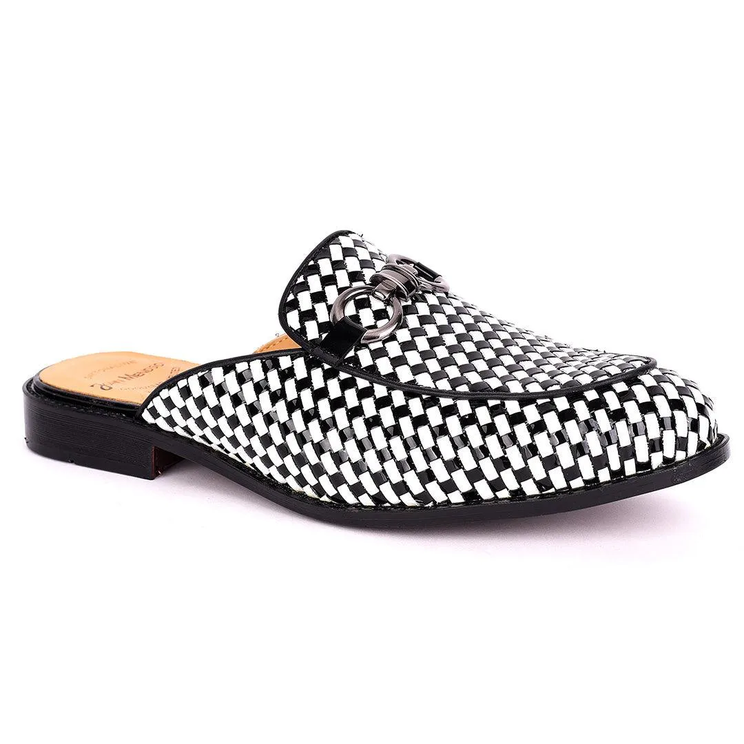 John Mendson Silver Chain Design Black And White Woven Leather Men's Half Shoe