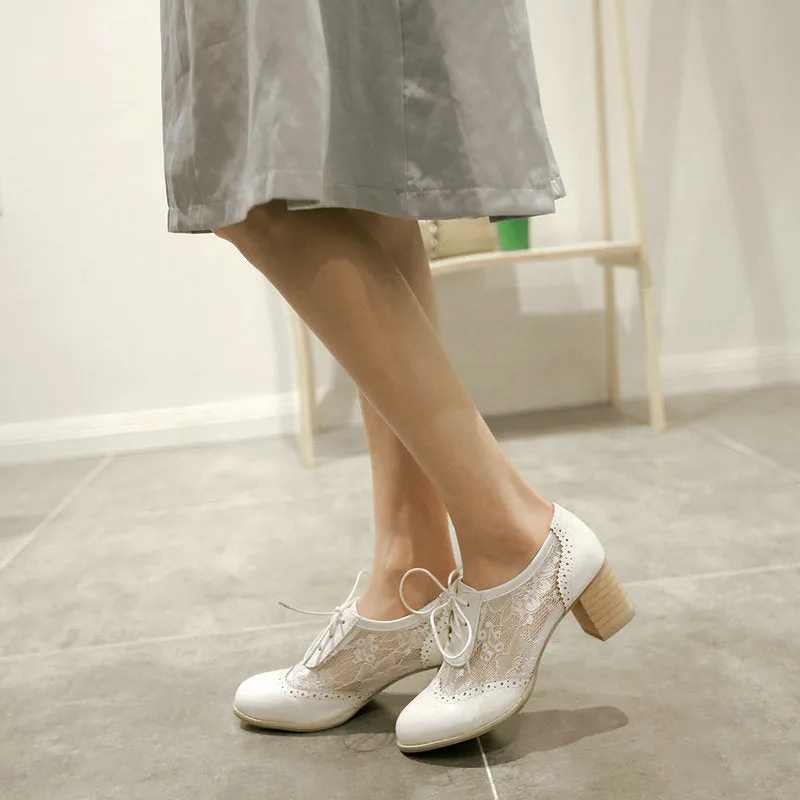 Lace-up Chunky Heel Elegant Vintage Lace Splicing Heels Wedding Shoes