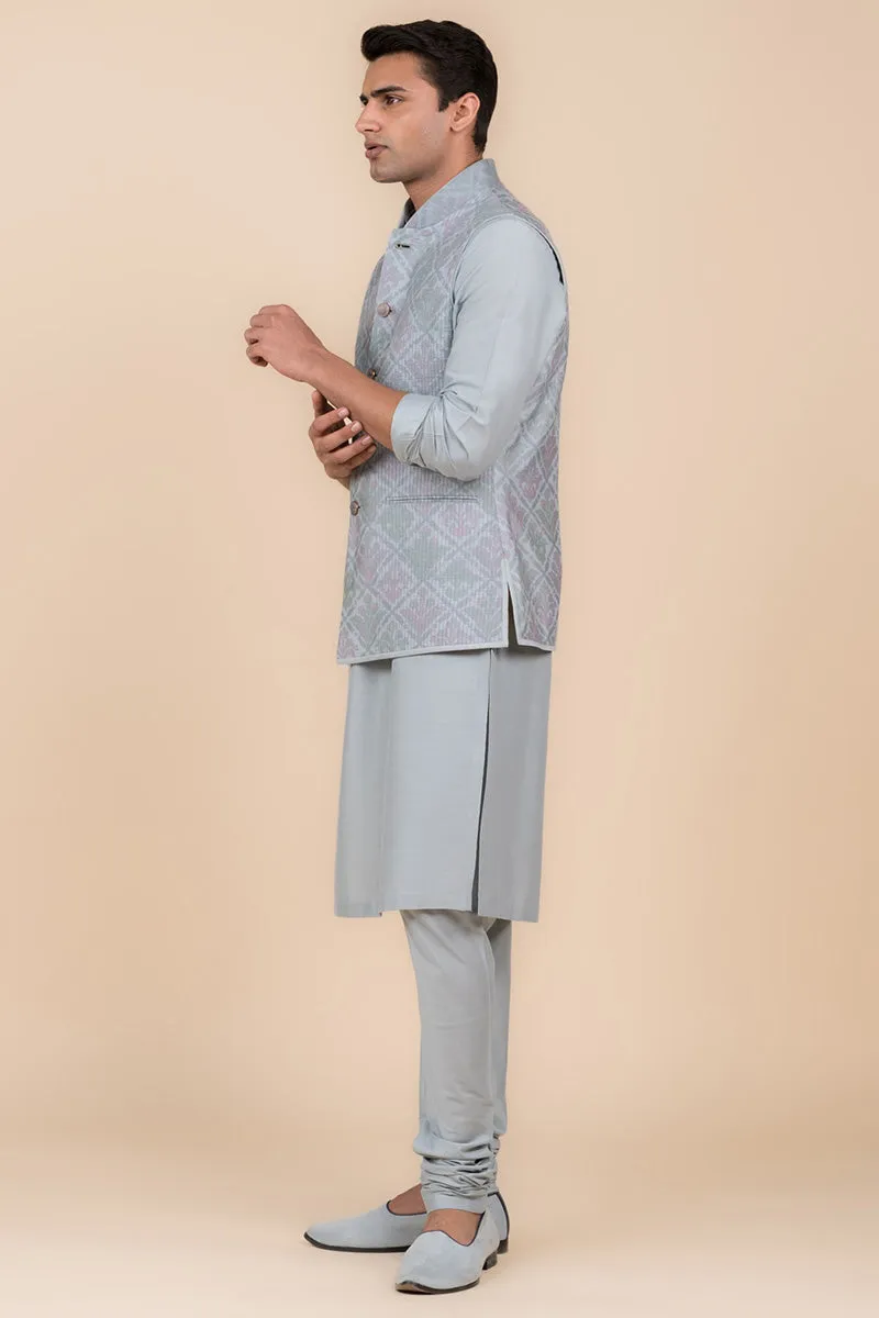 Light Blue Printed Kurta Bundi Set