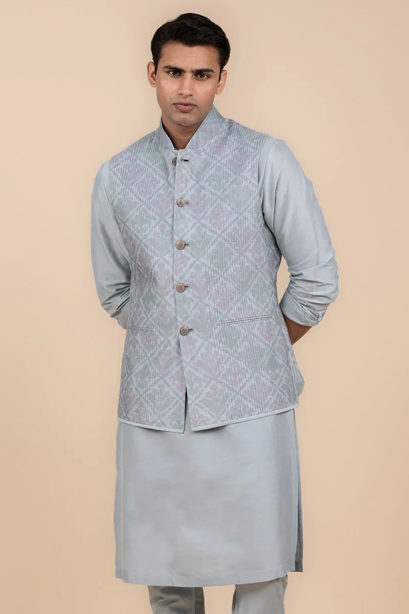 Light Blue Printed Kurta Bundi Set