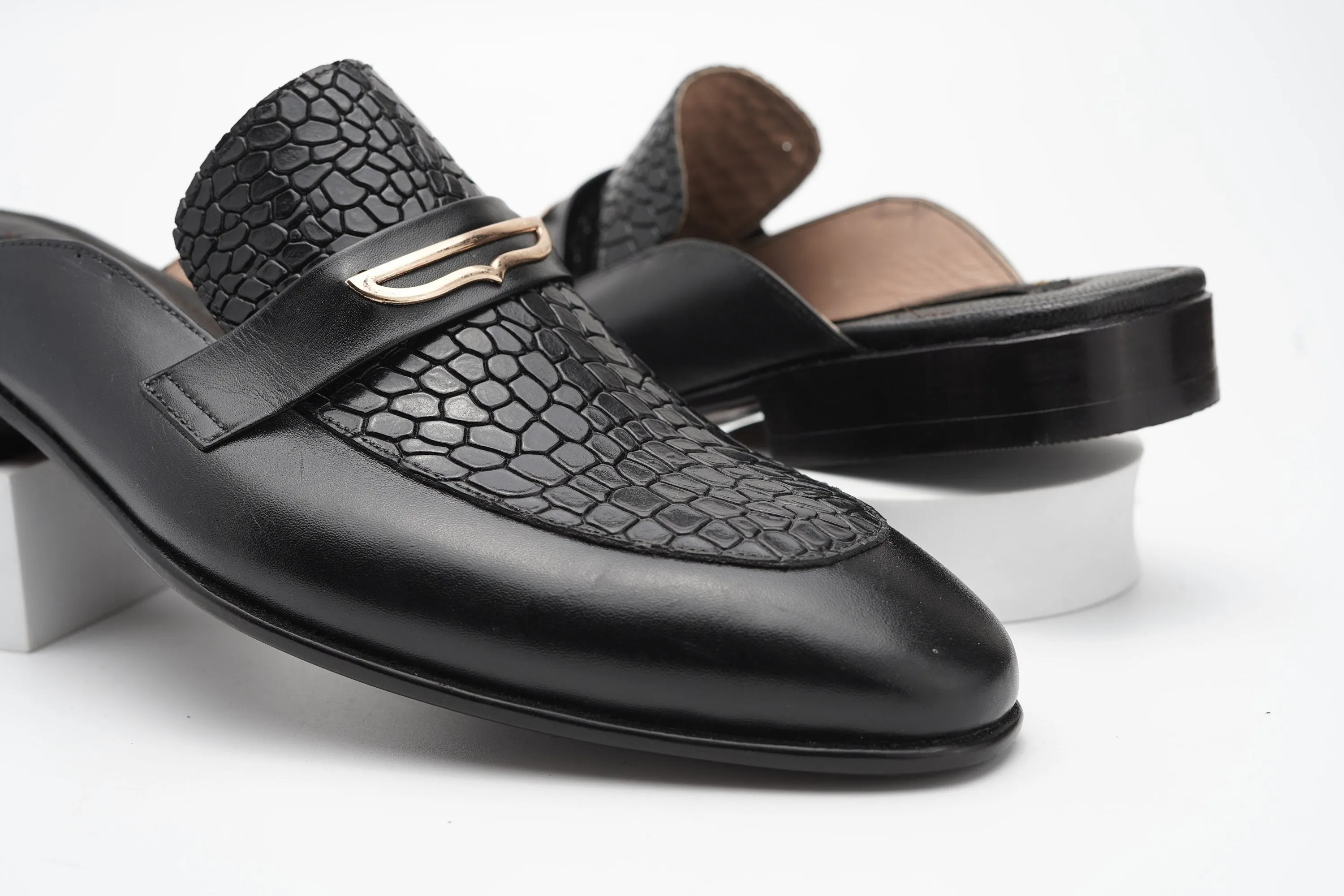 Medallion Black alligator/aniline Backless Slip On Mule Custom Made-To-Order Shoes  Premium Quality Handmade