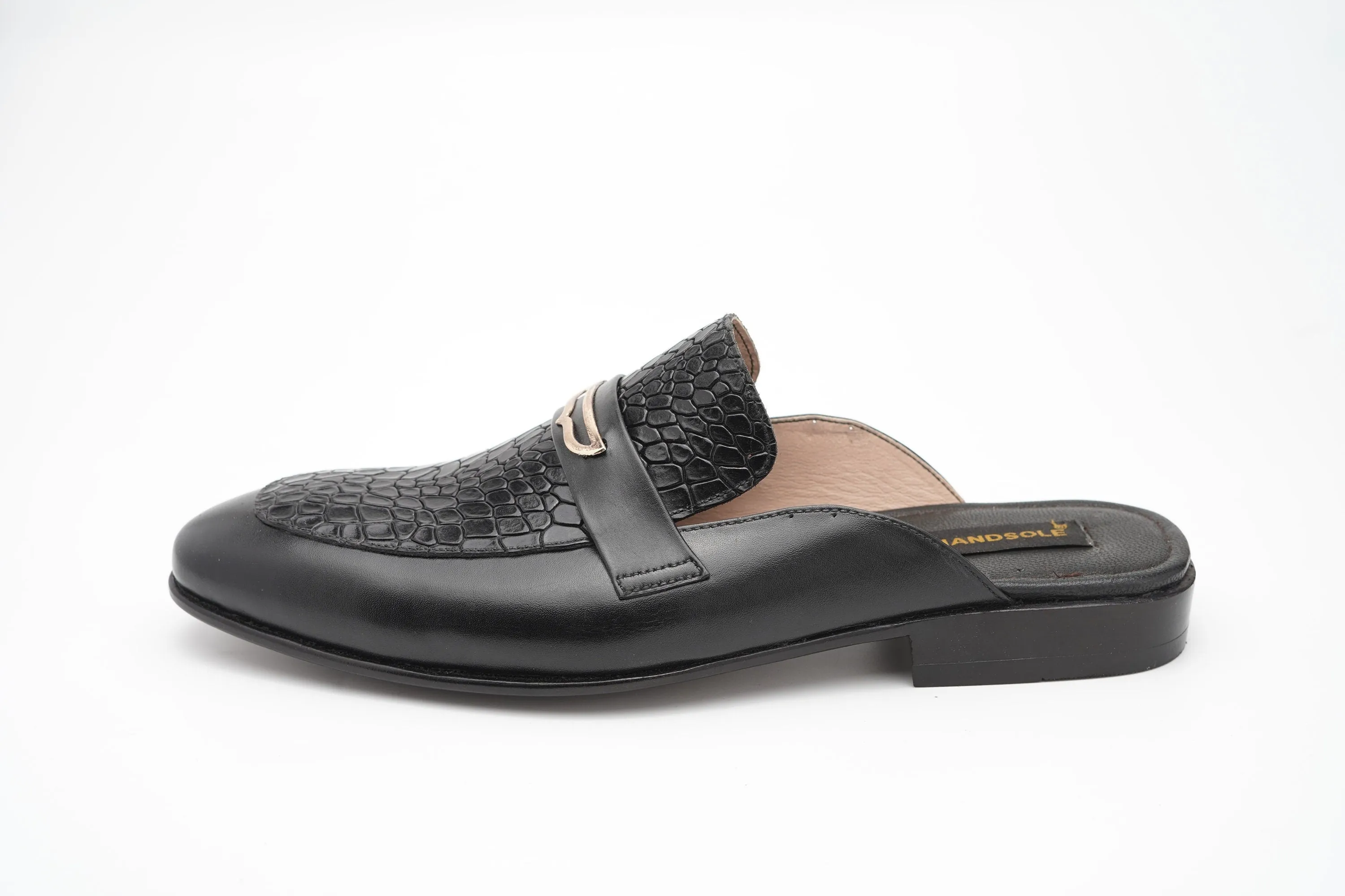 Medallion Black alligator/aniline Backless Slip On Mule Custom Made-To-Order Shoes  Premium Quality Handmade