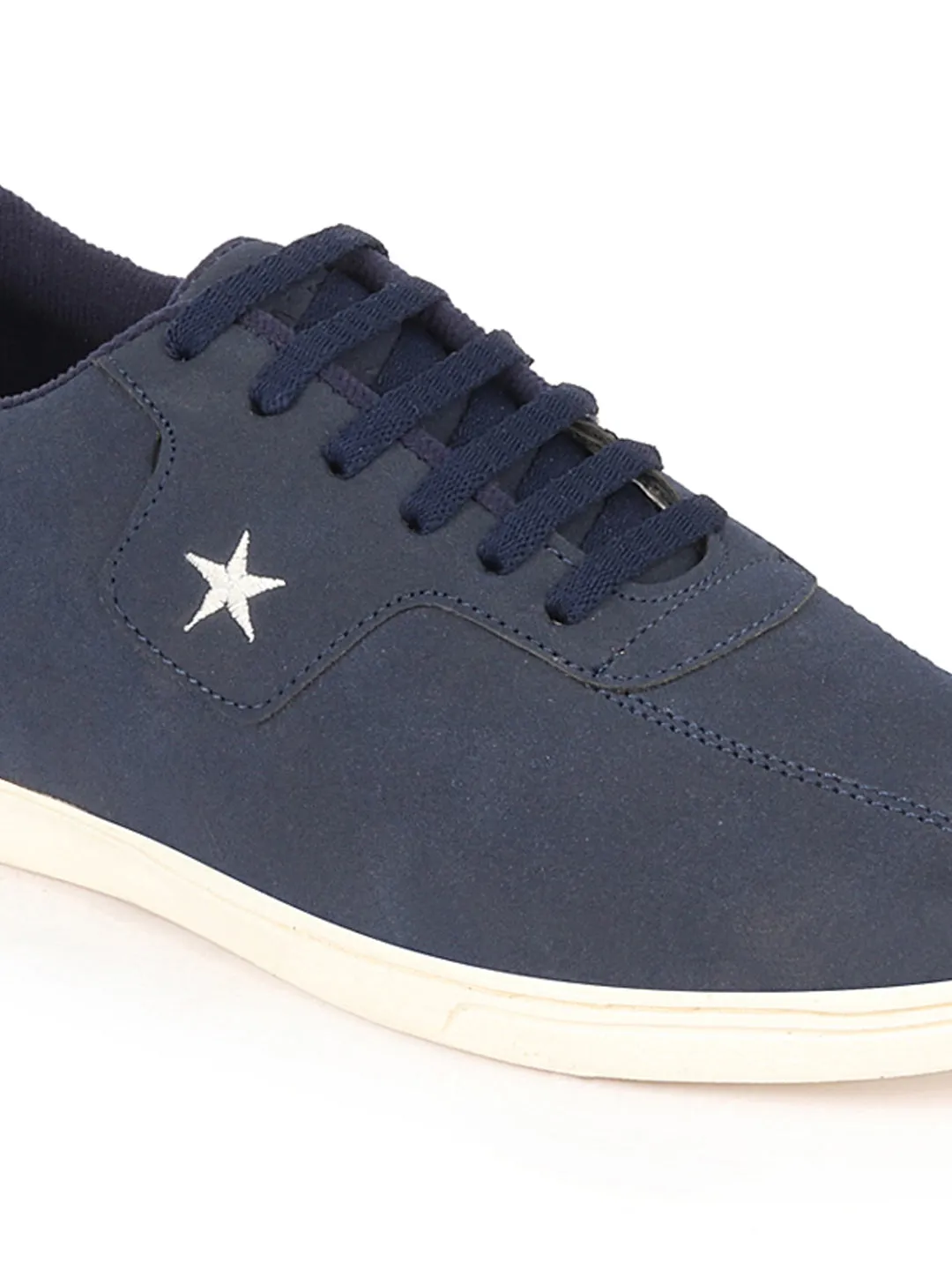 Men Navy Blue Classic Embroidery Star Upper Soft Suede Leather Lace Up Sneakers Shoes