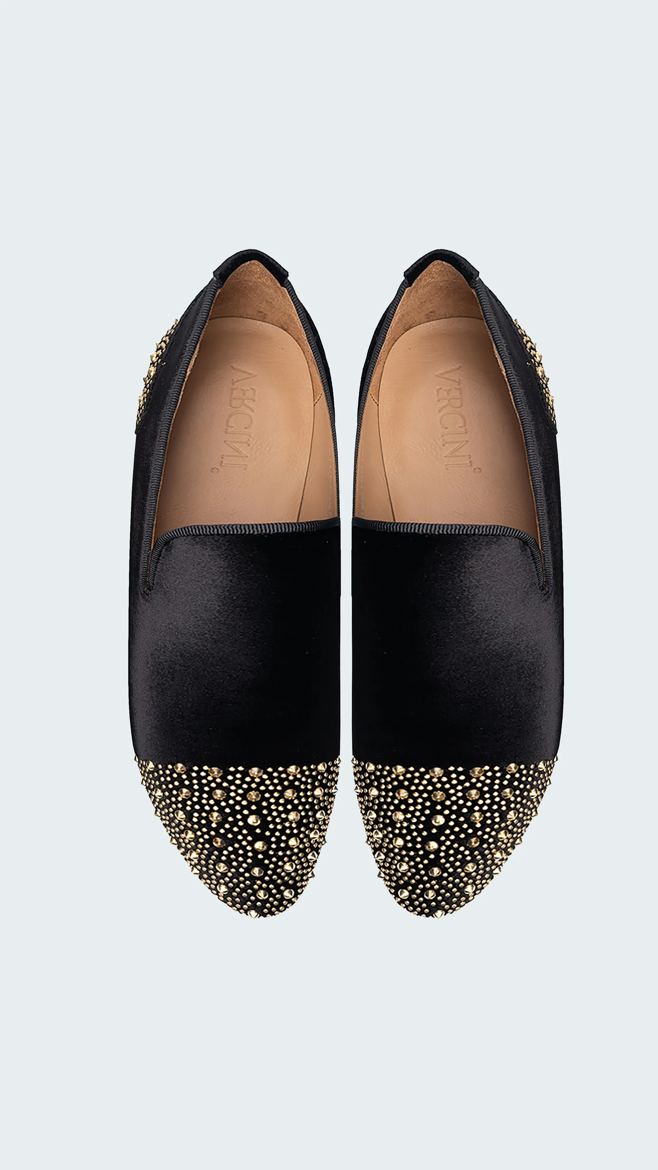 Men's Black Velvet Loafers with Gold Stud Embellishments by Vercini