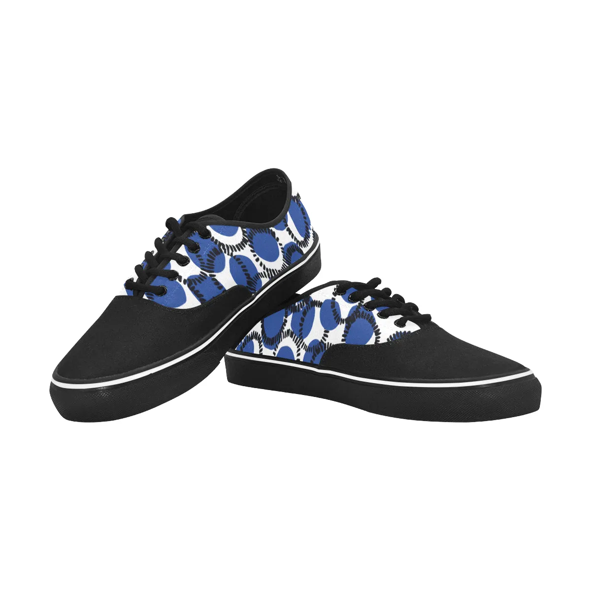 Men's Black White Blue Polka Print Canvas Low Top Shoes