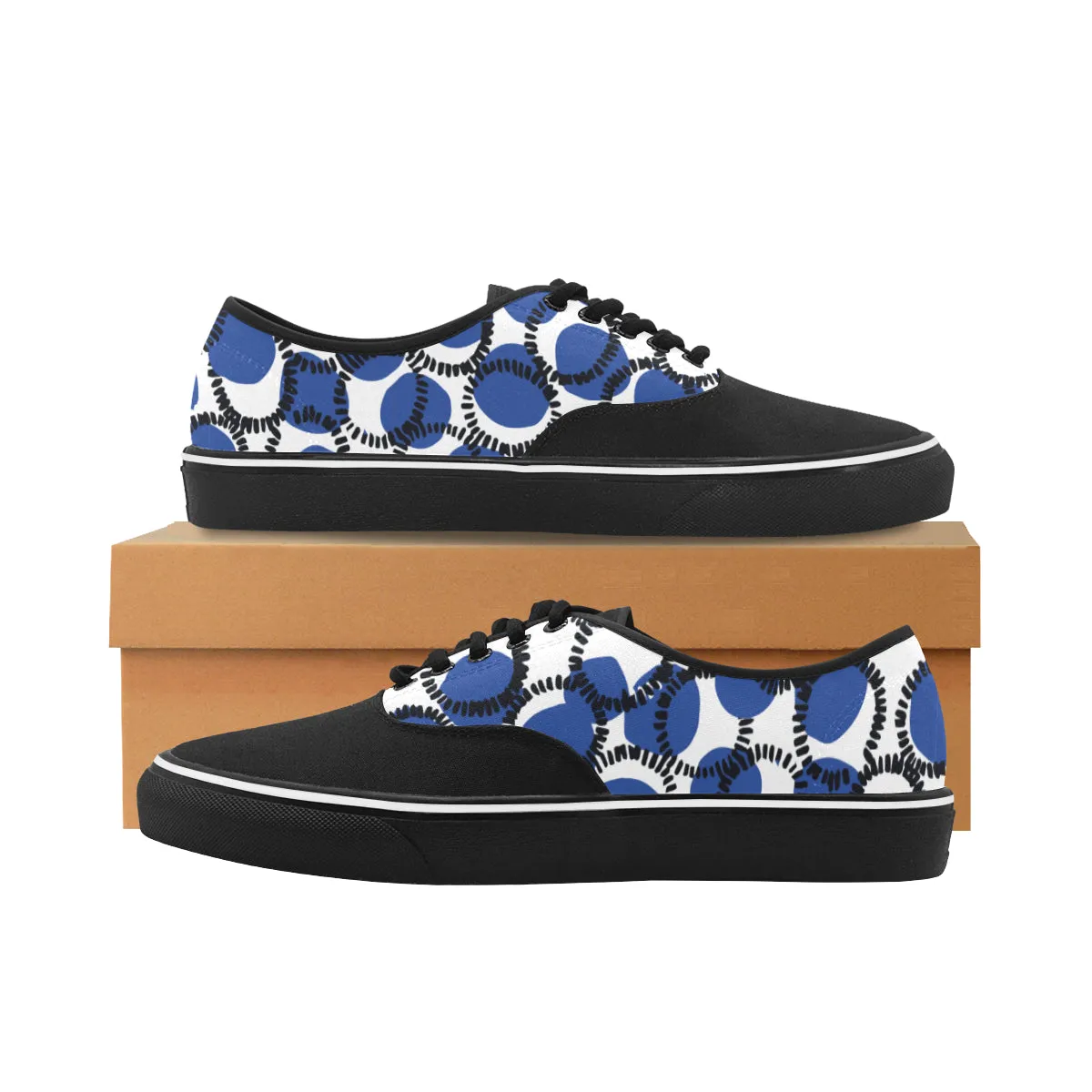 Men's Black White Blue Polka Print Canvas Low Top Shoes