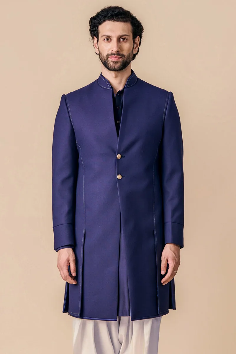 Navy Structured Sherwani With Dori Embroidery