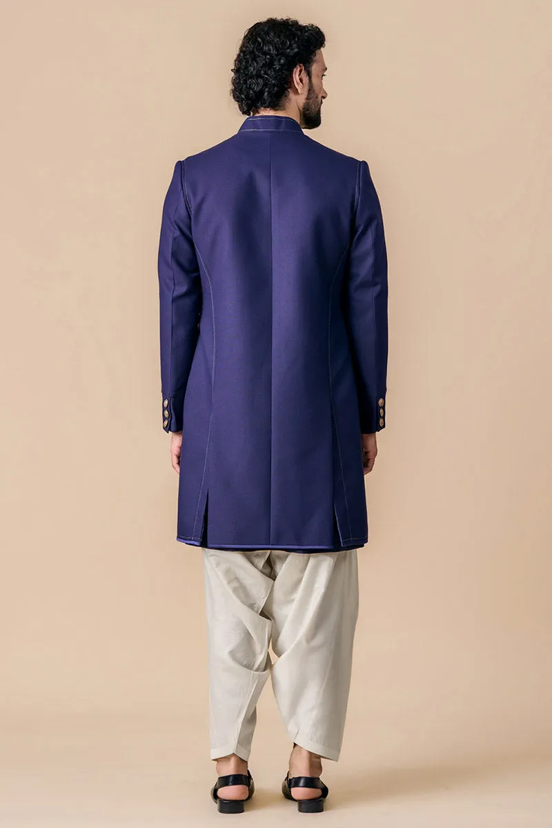 Navy Structured Sherwani With Dori Embroidery