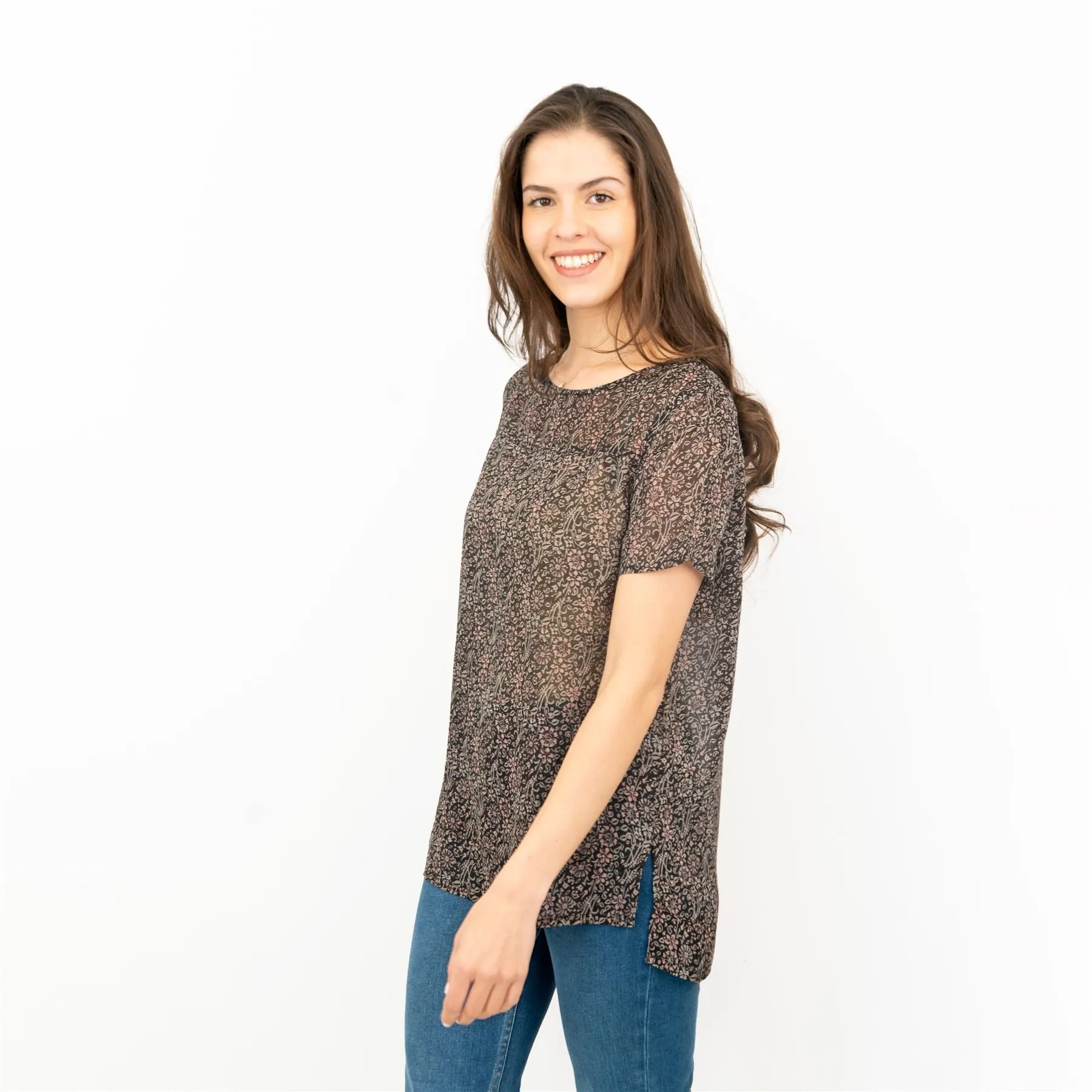 Next Floral Print Black Short Sleeve Blouse Lightweight Tops