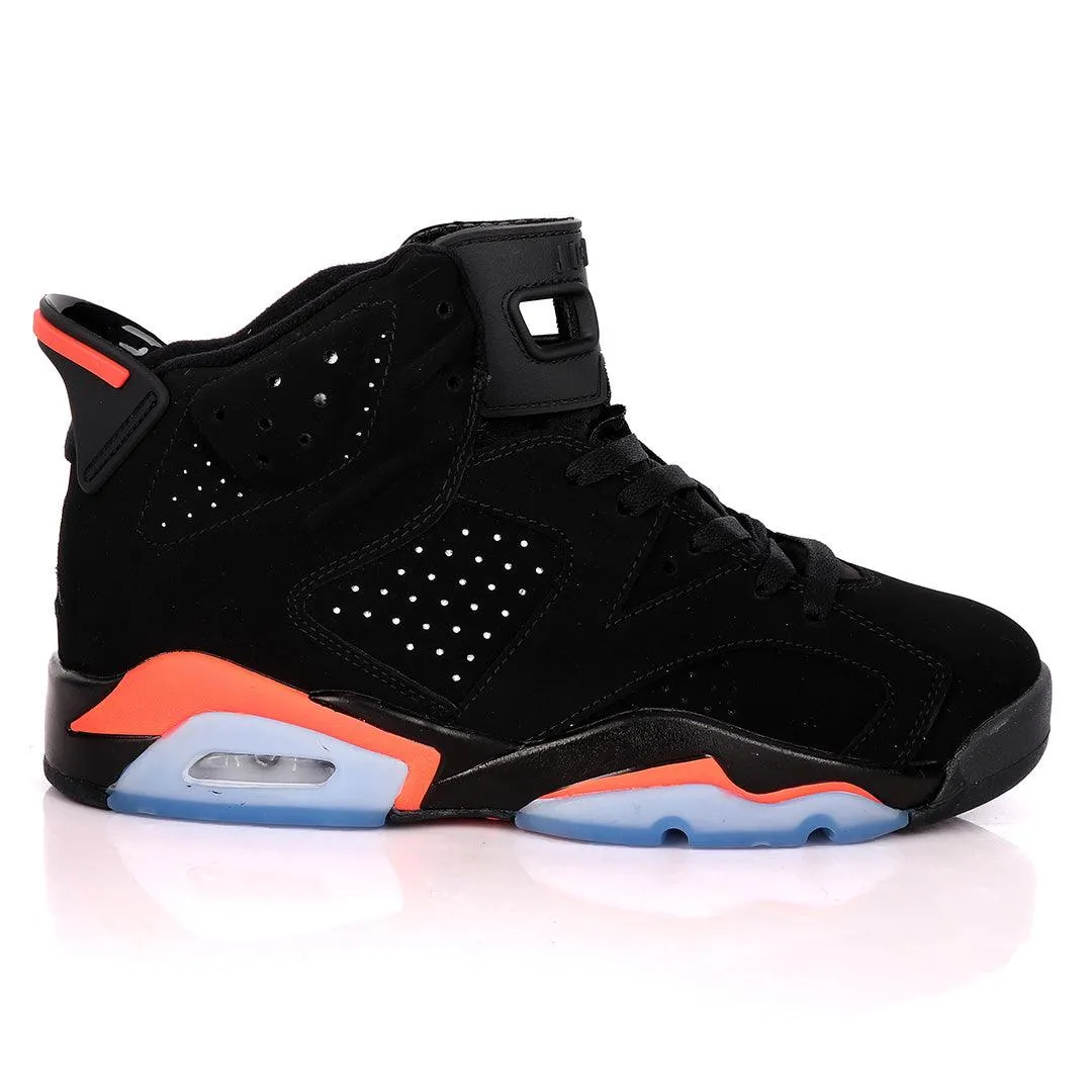 Original Air Jordan 6 Retro Black Suede Sneakers With Orange And Blue Designs