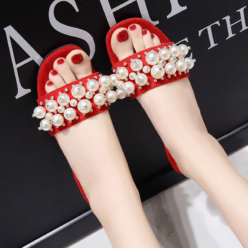 Pearl Slippers with Rivets for Women